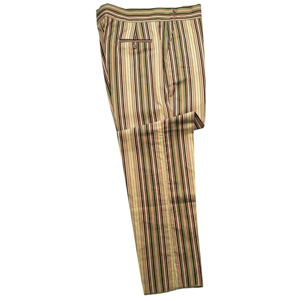 Mens Gurkha Pants 38 Beige Green Striped Cotton Trousers Flat Front Straight Fit - Picture 2 of 8